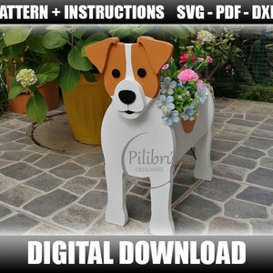 Plantador Jack Russell, enfeite de jardim, mascote de madeira, caixa de plantador, padrão de serra circular, corte a laser, arquivo digital, SVG, DXF, PDF