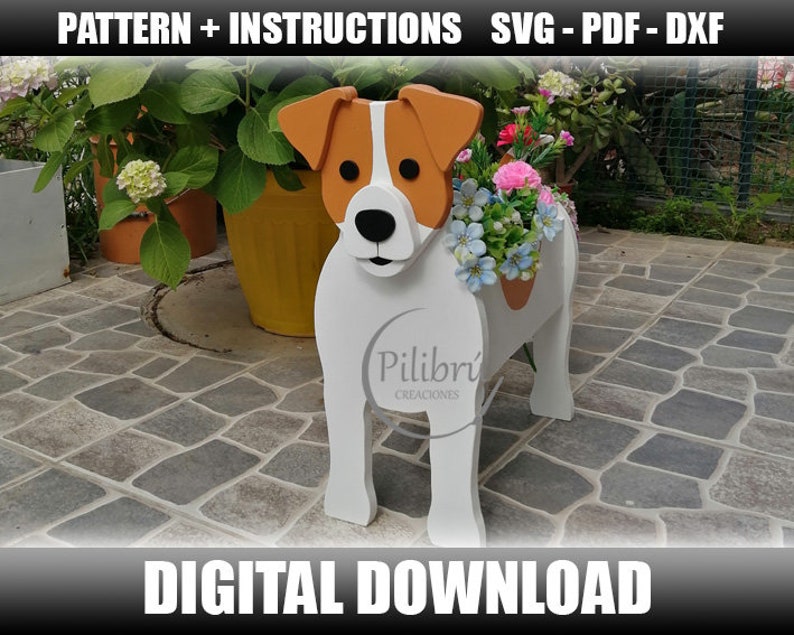 Jack Russell planter, garden ornament, wooden pet, planter box, scroll saw pattern, laser cut, digital file, SVG, DXF, PDF image 1