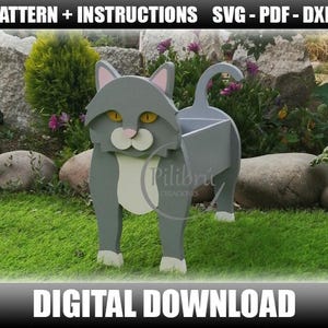 Patroon voor houten plantenbak van kat, voor decoupeerzaag of lasersnijden. SVG, DXF, PDF digitaal bestand