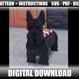 Dekupiersäge Muster, Scottish Terrier Pflanzgefäß, Gartenornament, Holzhaustier, Pflanzkasten, Laserschnitt, digitale Datei, SVG, DXF, PDF