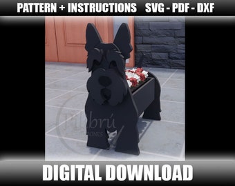 May include: Black silhouette of a Scottish Terrier dog planter with a flower pot on its back. The planter is made of wood and has a rustic look. The dog is sitting on a tiled floor. The text "PATTERN + INSTRUCTIONS SVG - PDF - DXF" is at the top of the image. The text "DIGITAL DOWNLOAD" is at the bottom of the image.