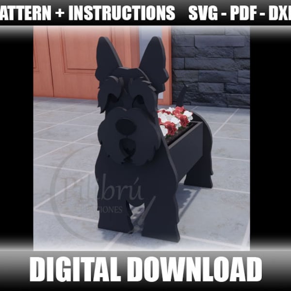 Scroll saw pattern, Scottish Terrier planter, garden ornament, wooden pet, planter box, laser cut, digital file, SVG, DXF, PDF