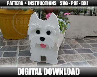 West Highland white terrier, Cutting pattern, Wood planter, Animal planter, laser cut, Digital file, SVG, PDF, DXF