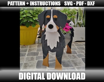 May include: A black and white Bernese Mountain Dog planter with brown legs and a flower pot in its mouth. The planter is standing on a tiled floor. The image includes the text "PATTERN + INSTRUCTIONS SVG - PDF - DXF" and "DIGITAL DOWNLOAD".