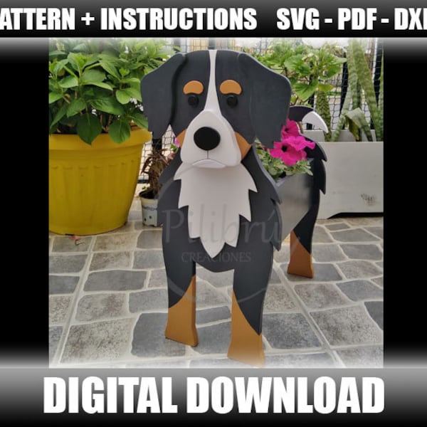Bernese Mountain Dog planter pattern, garden ornament, wooden mascot, scroll saw pattern, laser cut, digital file, SVG, DXF, PDF