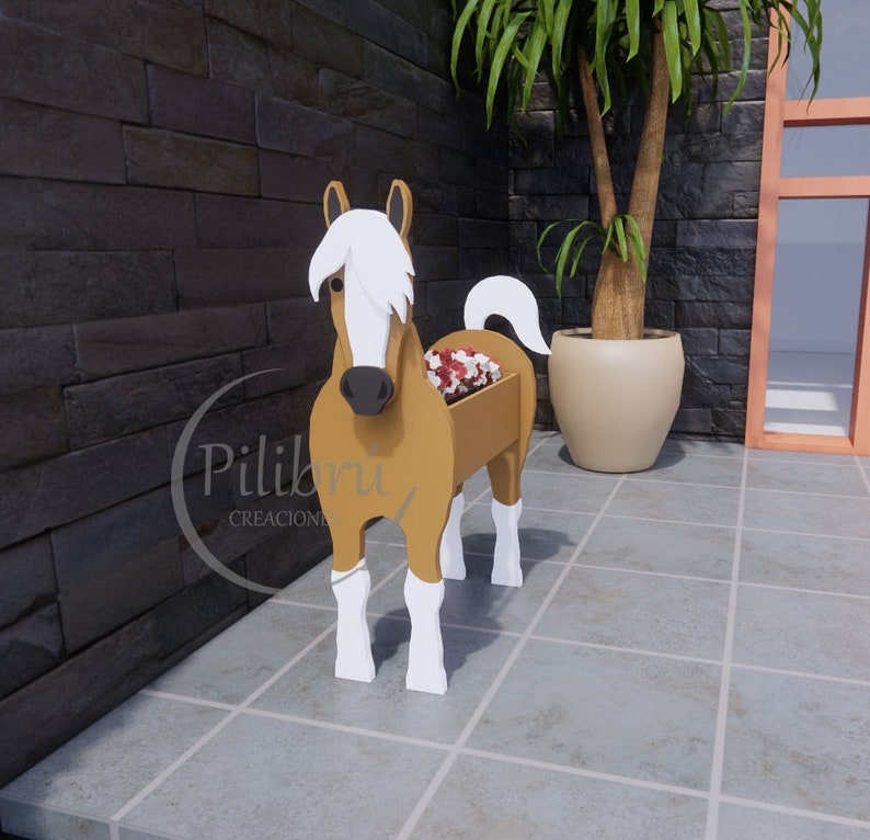 May include: A wooden horse planter with a brown body, white legs, and a white mane. The planter has a rectangular opening in the back for planting. The horse is standing on a tiled floor.