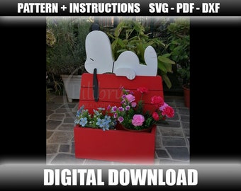 Snoopy plantenbak, Snoopy karakter patroon, houten plantenbak, tuinornament, figuurzaag of lasersnijder, digitaal bestand, SVG, PDF, DXF
