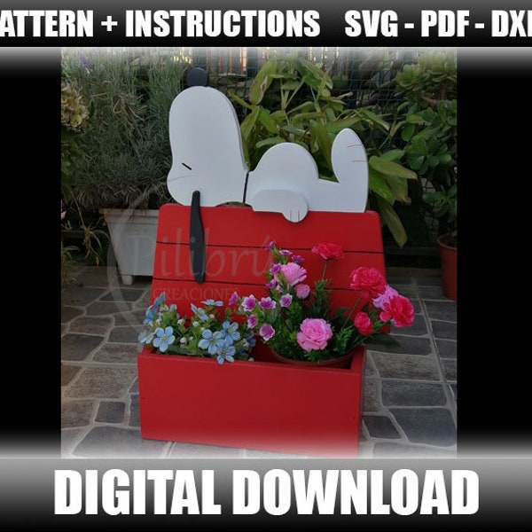 Snoopy planter, Snoopy character pattern, wooden planter, Garden ornament, scroll saw or laser cutter, digital file, SVG, PDF, DXF