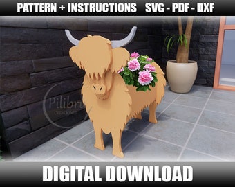 Scroll saw pattern, Highland Cow planter, farm animal, garden ornament, planter box, digital file, SVG, DXF, PDF