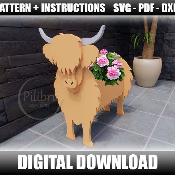 Scroll saw pattern, Highland Cow planter, farm animal, garden ornament, planter box, digital file, SVG, DXF, PDF