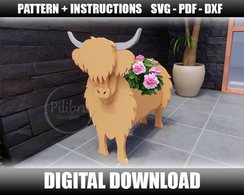 Scroll saw pattern, Highland Cow planter, farm animal, garden ornament, planter box, digital file, SVG, DXF, PDF image 1