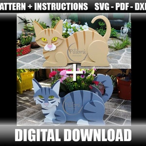 Patrón Plantador Gato, plantador de madera, Gato con rayas, gato pelo corto, gato decorativo, archivo digital, SVG, PDF, DXF zdjęcie 1