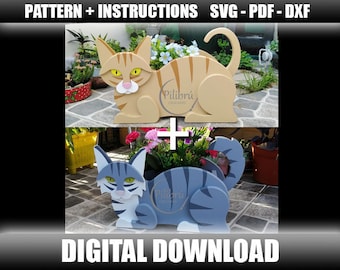 Mönster för kattplantering, träplantering, katt med ränder, korthårig katt, dekorativ katt, digital fil, SVG, PDF, DXF