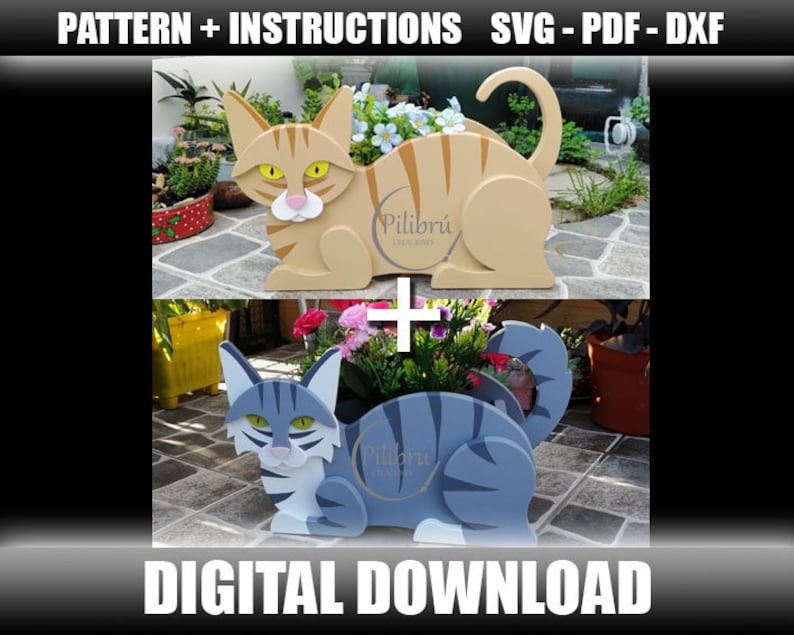 Patrón Plantador Gato, plantador de madera, Gato con rayas, gato pelo corto, gato decorativo, archivo digital, SVG, PDF, DXF zdjęcie 1