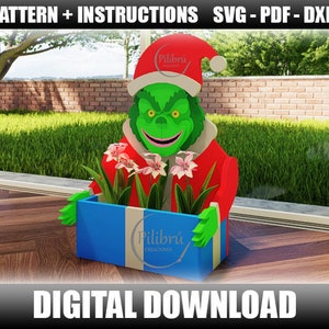 Dekupiersäge Muster, The Grinch Pflanzer, Christbaumkugel, Gartenornament, Pflanzkasten, Laserschnitt, digitale Datei, SVG, DXF, PDF