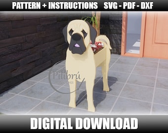 Può includere: Un modello di download digitale per un vaso di legno a forma di cane. Il cane è marrone chiaro con il naso e gli occhi neri. Il vaso ha un'apertura rettangolare per le piante. Il modello è disponibile nei formati SVG, PDF e DXF.