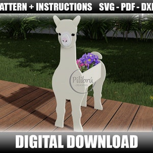 May include: A white wooden llama planter with a flower pot in its back. The planter is on a wooden deck. The text "Pilibriú Creaciones" is on the planter. The text "DIGITAL DOWNLOAD" is at the bottom of the image.
