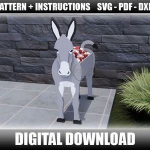 Donkey planter, scroll saw pattern, DIY, garden ornament, farm animal, planter box, laser cut, digital file, svg, dxf, pdf