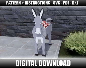 Planteur d'âne, modèle de scie à chantourner, bricolage, ornement de jardin, animal de ferme, jardinière, découpe laser, fichier numérique, svg, dxf, pdf