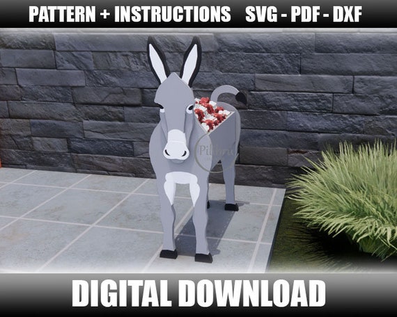 Plantador burro, scroll saw pattern, DIY, adorno de jardín, animal de granja, planter box,  corte laser, archivo digital, svg, dxf, pdf