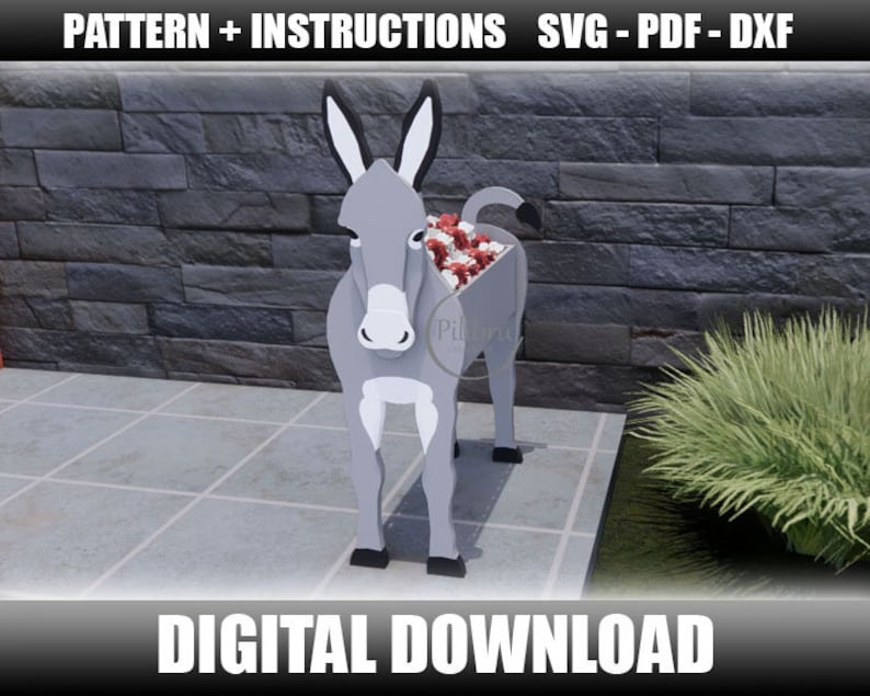 May include: A gray donkey-shaped planter filled with red and white flowers. The planter is made of wood and has black accents on the ears, hooves, and tail. The text "PATTERN + INSTRUCTIONS SVG - PDF - DXF" and "DIGITAL DOWNLOAD" are displayed.