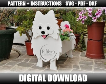 Patroon, Pommerse plantenbak, houten plantenbak, houten huisdier, hondenplanter, lasergesneden, digitaal bestand, SVG, DXF, PDF