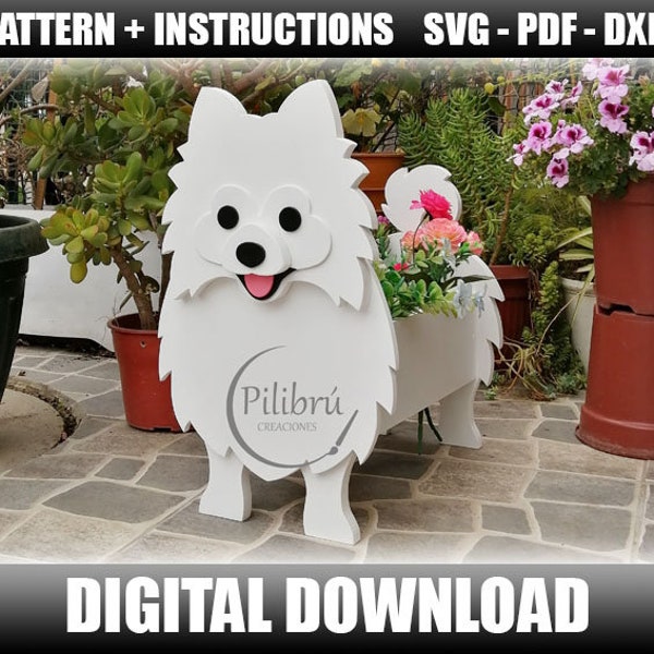 Patrón, Plantador Pomerania, Plantador de Madera, mascota de madera, macetero de perro, corte láser, archivo digital, SVG, DXF, PDF
