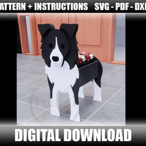 Border-Collie-Pflanzgefäß, Gartenverzierung, Pflanzkasten, Holzhaustier, Dekupiersägenmuster, Laserschnitt, digitale Datei, SVG, DXF, PDF
