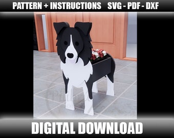 Border-Collie-Pflanzgefäß, Gartenverzierung, Pflanzkasten, Holzhaustier, Dekupiersägenmuster, Laserschnitt, digitale Datei, SVG, DXF, PDF