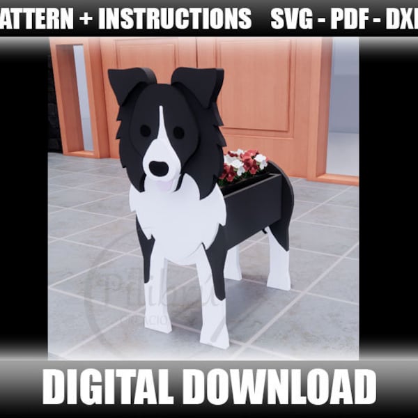 Border Collie planter, garden ornament, planter box, wooden pet, scroll saw pattern, laser cut, digital file, SVG, DXF, PDF