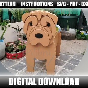 Dekupiersäge Muster, Shar Pei Pflanzer, Gartenornament, Holzhaustier, Laserschnitt, digitale Datei, SVG, DXF, PDF