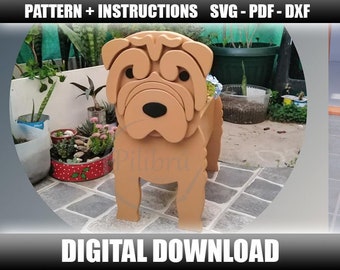 May include: A digital download pattern for a wooden dog planter. The dog is a brown Shar-Pei breed with a black nose and eyes. The pattern is for a planter that can be used to hold a small plant or flowers. The pattern is available in SVG, PDF, and DXF formats.