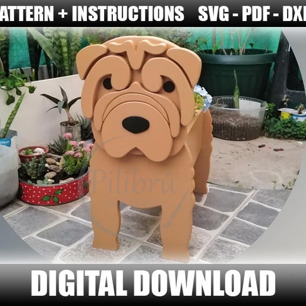 Scroll saw pattern, Shar Pei planter, garden ornament, wooden pet, laser cut, digital file, SVG, DXF, PDF