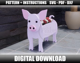 Scroll saw pattern, Planter Pig, farm animal, garden ornament, planter box, laser cut, digital file, SVG, DXF, PDF