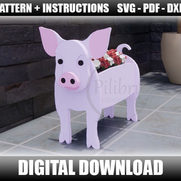 Scroll saw pattern, Planter Pig, farm animal, garden ornament, planter box, laser cut, digital file, SVG, DXF, PDF
