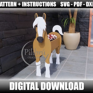 Figuurzaagpatroon, paardenplanter, boerderijdier, tuinornament, plantenbak, lasergesneden, digitaal bestand, SVG, DXF, PDF
