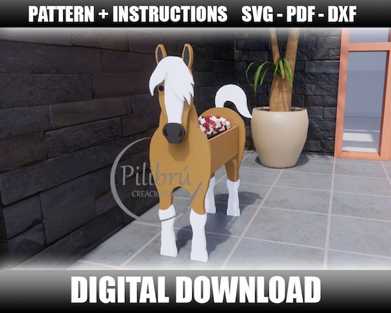 Scroll saw pattern, Plantador caballo, animal de granja, adorno de jardín, planter box,  corte laser, archivo digital, SVG, DXF, PDF