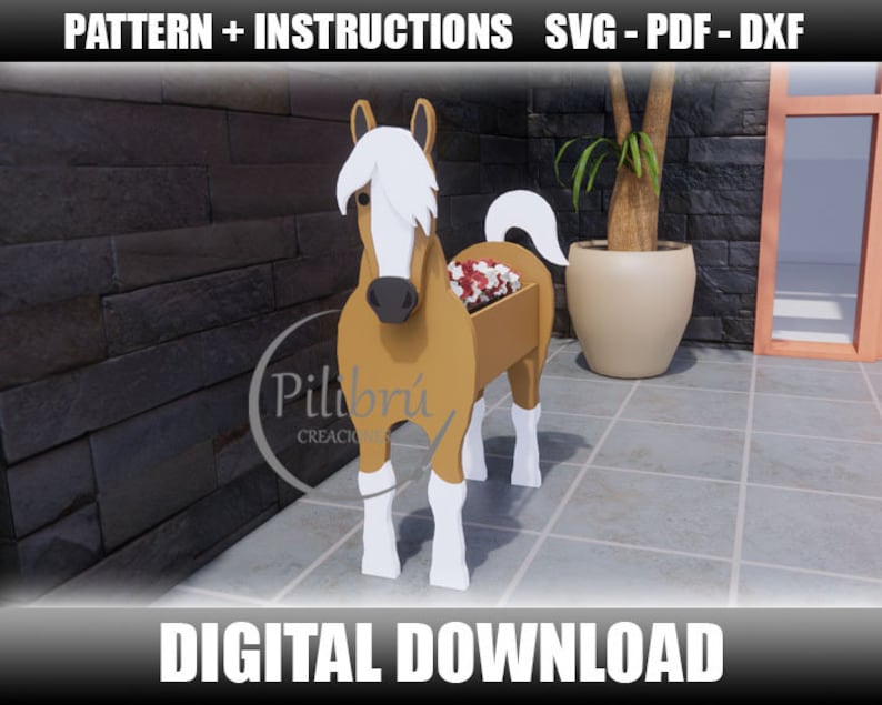 May include: A brown and white horse planter with a flower pot in the back. The planter is made of wood and has a white base. The horse is standing on a gray tiled floor.