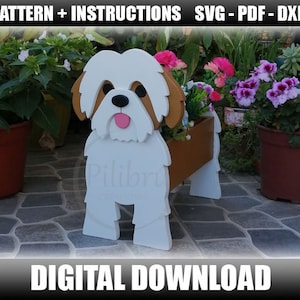Shih Tzu Planter Patroon, tuinornament, houten huisdier, plantenbak, Figuurzaagpatroon, lasergesneden, digitaal bestand, SVG, DXF, PDF