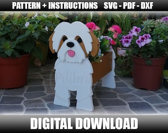 Shih Tzu Pflanzgefäß Muster, Gartenornament, Haustier aus Holz, Pflanzkasten, Dekupiersägenmuster, Laserschnitt, digitale Datei, SVG, DXF, PDF