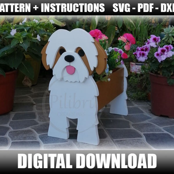 Shih Tzu Planter Pattern, garden ornament, wooden pet, planter box, scroll saw pattern, laser cut, digital file, SVG, DXF, PDF