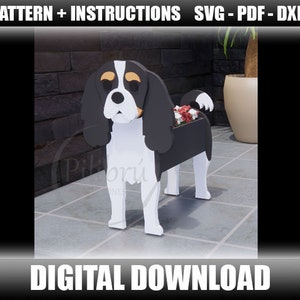 Cavalier King Pflanzgefäß, Dekupiersägenmuster, Pflanzkasten, Gartenornament, Holzmaskottchen, Laserschnitt, digitale Datei, SVG, DXF, PDF