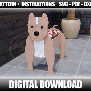 Dekupiersägenmuster, Pitbull-Pflanzer, Gartenornament, Haustier aus Holz, Pflanzkasten, Laserschnitt, digitale Datei, SVG, DXF, PDF