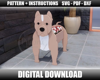 May include: A digital download pattern for a wooden planter shaped like a brown and white pit bull dog. The planter has a flower pot on its back and is standing on a tiled floor.