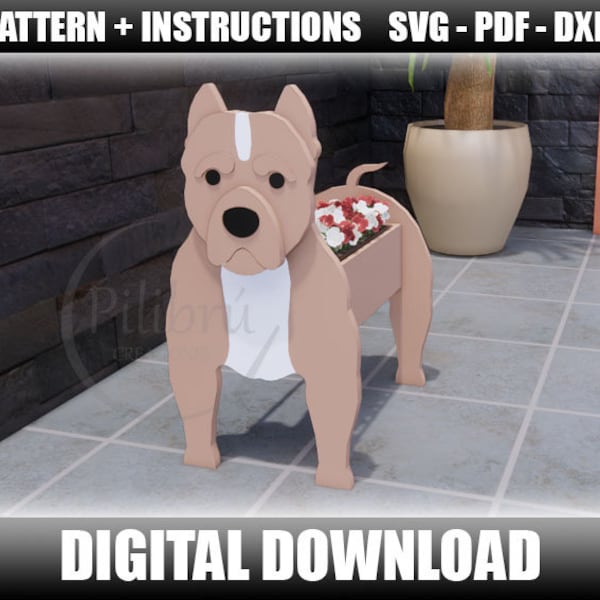 Scroll saw pattern, Pitbull planter, garden ornament, wooden pet, planter box, laser cut, digital file, SVG, DXF, PDF