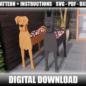 Dekupiersäge Muster, Deutsche Dogge Pflanzgefäß, Gartenornament, Holzhaustier, Pflanzkasten, Laserschnitt, digitale Datei, SVG, DXF, PDF