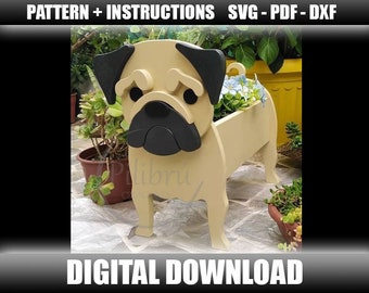 Scroll saw pattern, Pug planter, Wood dog, pattern svg, laser cut, wood pet, digital file, SVG, DXF, PDF