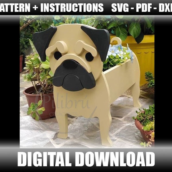 Scroll saw pattern, Pug planter, Wood dog, pattern svg, laser cut, wood pet, digital file, SVG, DXF, PDF