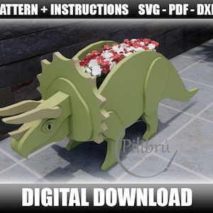 Dekupiersägenmuster, Triceratops-Pflanzgefäß, Dinosaurier, Gartenornament, Pflanzkasten, Laserschnitt, digitale Datei, SVG, DXF, PDF
