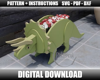 Scroll saw pattern, Plantador de Triceratops, dinosaurio, adorno de jardín, planter box,  corte laser, archivo digital, SVG, DXF, PDF